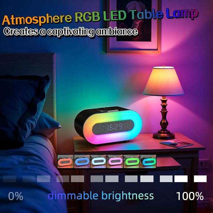 5-in-1 Portable Bluetooth Speaker with Dual Stereo Speakers, RGB LED Atmosphere Table Lamp, 15W Wireless Charging Station, Dimmable Clock, Foldable Phone Stand, Teen Boy Girl Trendy Stuff Gift