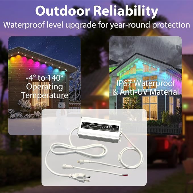 White 36V Waterproof Power Adapter for Govee Permanent Outdoor Light - IPX6 Weatherproof Power Supply Cord Charger PSU, Compatible with Govee H705D/H705E/H705F