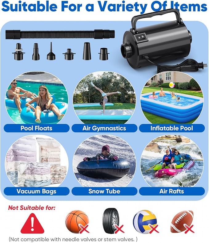 Electric Air Pump with Hose for Inflatables, High Power Inflator Deflator Blow Up Pump with 6 Nozzles, Pool Toy Float Pump for Pool Floats, Air Mattress, Toys, Gym Mat, 320W, 1.5PSI, 120V AC