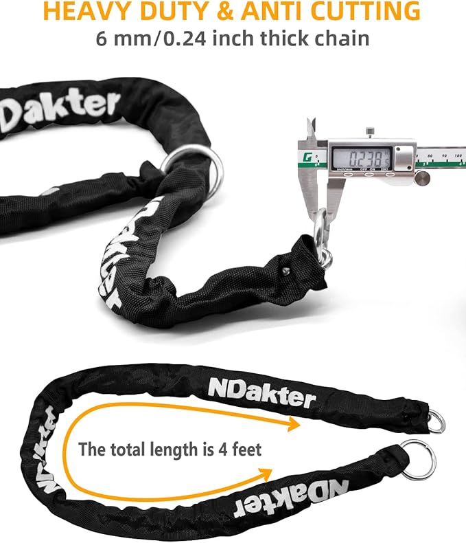 NDakter Bike Locks Heavy Duty Anti Theft 18mm Thick, Motorcycle U Lock with 4FT x 6mm Security Chain, 3Keys Large U-Shape Electric Bicycle Wheel Lock for Ebike, Escooter, Fat-Tire Dirt-Bike, Tricycle
