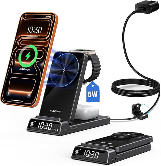 Wireless Charger for Apple, Magnetic 3 in 1 Charging Station with Clock, Foldable Travel Wireless Charging Stand for iPhone 17/17 Pro/17 Pro Max/16, Watch Charger for iWatch 10/Ultra/AirPods 4 (Black)