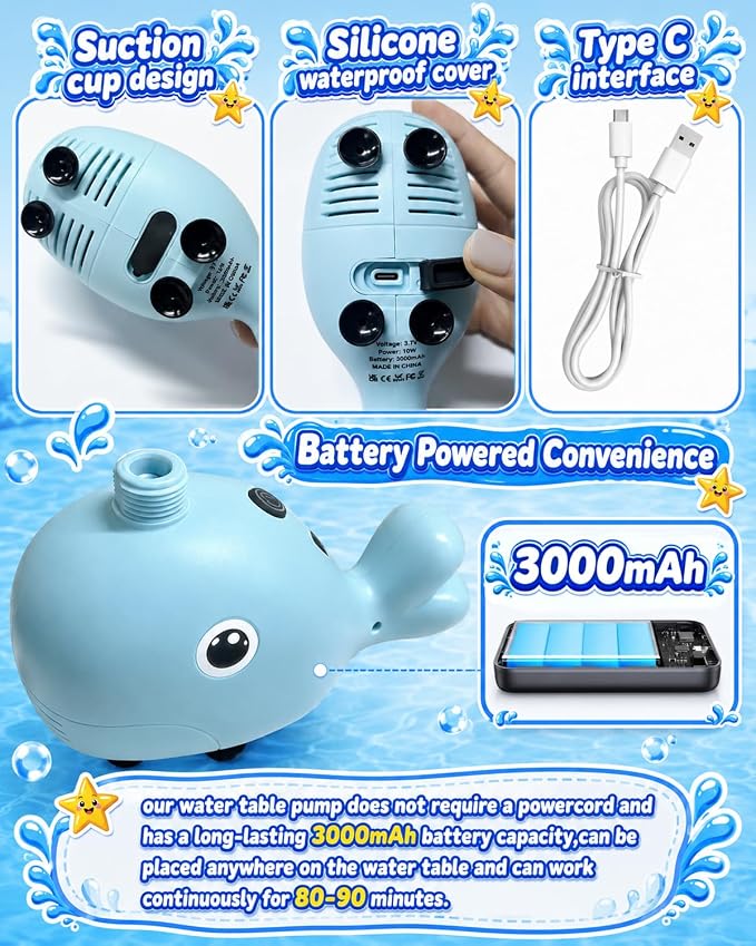 Rechargeable Water Table Pump with Huge Water Output,Water flow rate up to 8L/min (2.11 GPM),Kids Sand Water Play Pump,Whale-Shaped Design,Suitable for Most Water Table on the Market