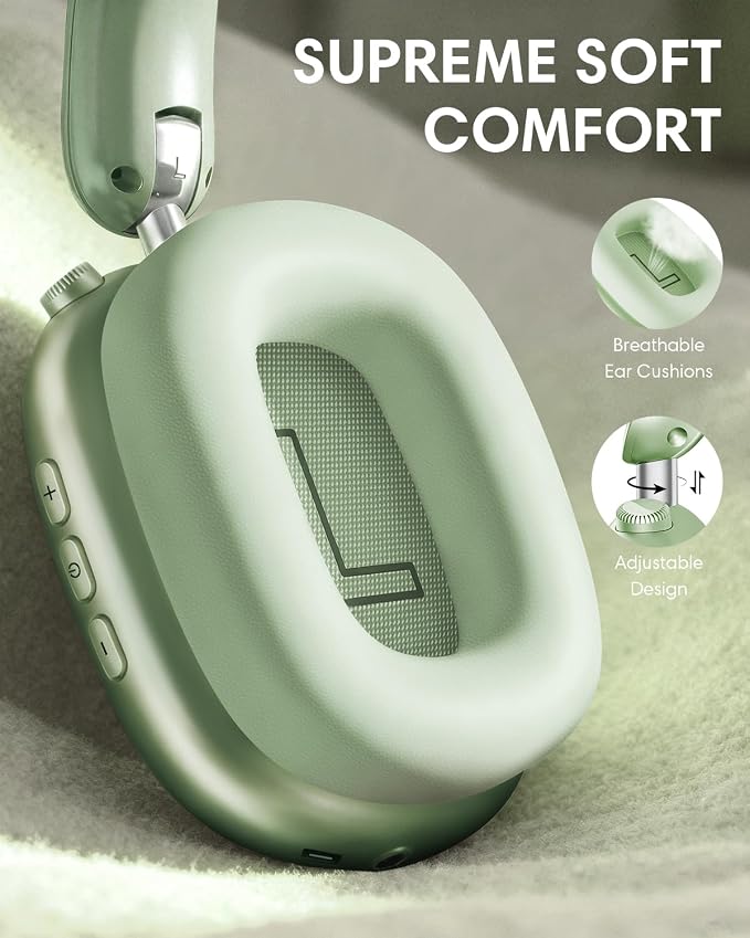 Wentronic Y02 Active Noise Cancelling Headphones, Wireless Over-Ear Bluetooth 5.4 Headphones with Microphone, 60H Playtime, Hi-Res Audio, Big Bass, Foldable Lightweight for Travel Home Office, Green