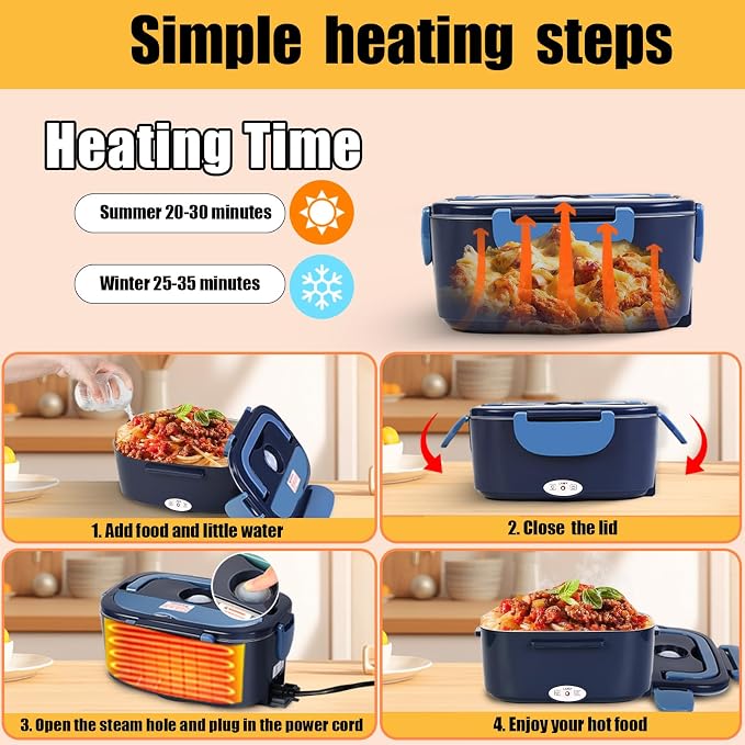 Electric Lunch Box for Adults - 80W Fast Heating, 12V/24V/110V, Dual Stainless Steel Containers, Portable for Car/Truck/Office/Outdoor (blue)