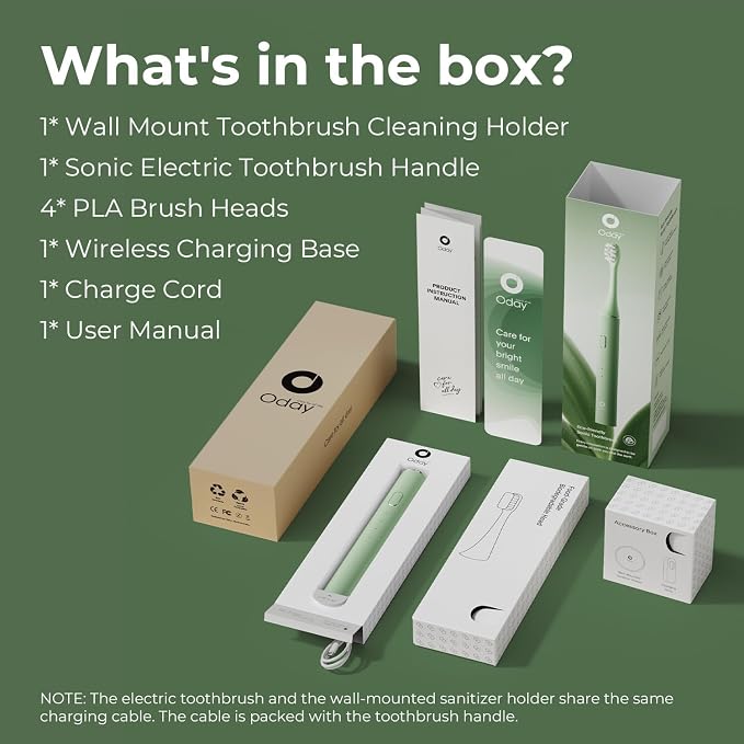 Oday Sonic Electric Toothbrush for Adults with Wall Mounted UV-Cleaning Toothbrush Holder and 4 Brush Heads, Wireless Charging, IPX7 Waterproof, 1 Month+ Battery, Green