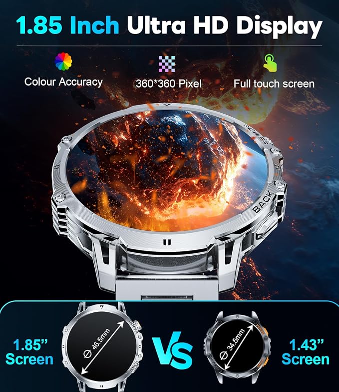 LIGE Military Smart Watches for Men(2 Bands),1000mAh/1.85" HD Large Screen Smartwatch, Flashlight/110+ Sports Modes/IP68 Waterproof/Sleep Monitor, Fitness Tracker Watch for iOS Android,Silver