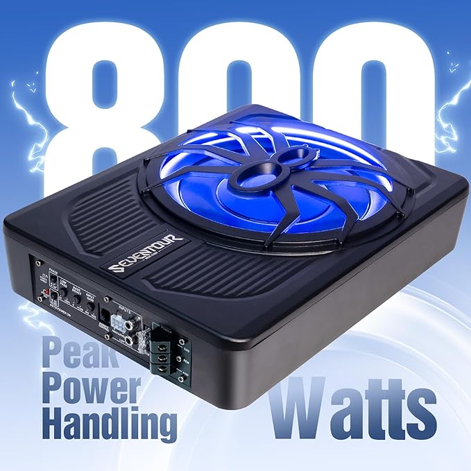 Seventour 10" Upgrade 800W Slim Under Seat Powered Car Subwoofer, Car/Truck Audio Sub Built in Amplifier amp Combo, with Blue LED Light (RGB LED Subwoofer+Installation Wire Kit)