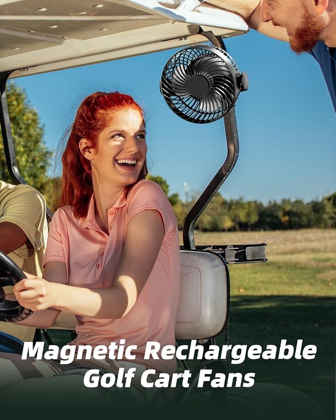 Magnetic Golf Cart Fan Rechargeable,10000mAH Battery Operated Portable Fan with 3 Speeds,30H Working Time,LED Lantern,360° Rotatable Head, Fits EZGO/Club Car/Yamaha Golf Cart