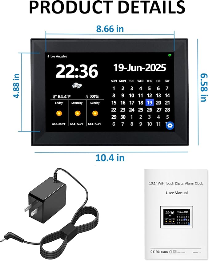 WiFi 10.1 Inch Digital Alarm Clock for Seniors, Large Display with Day/Date Smart Touchscreen Electronic Calendar 64 Alarms 64 Reminders Dementia Alarm Clock for Elderly（Black）