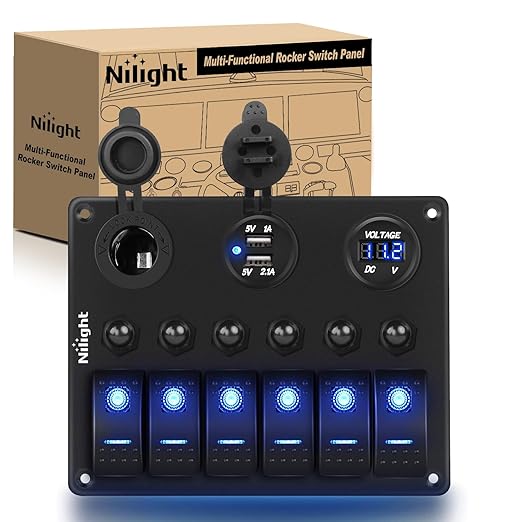 Nilight 6 Gang ON Off Rocker Switch Panel 12V Voltmeter Dual USB Charger Cigarette Lighter Socket For RV Truck Boat , 2 Years Warranty