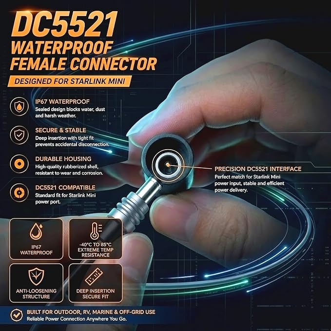 Starlink Mini Power Adapter 12V/24V to 30V DC with15A Fuse Protection Black | Black silver-plated finish, featuring dual-fuse protection and included quick-connect terminals