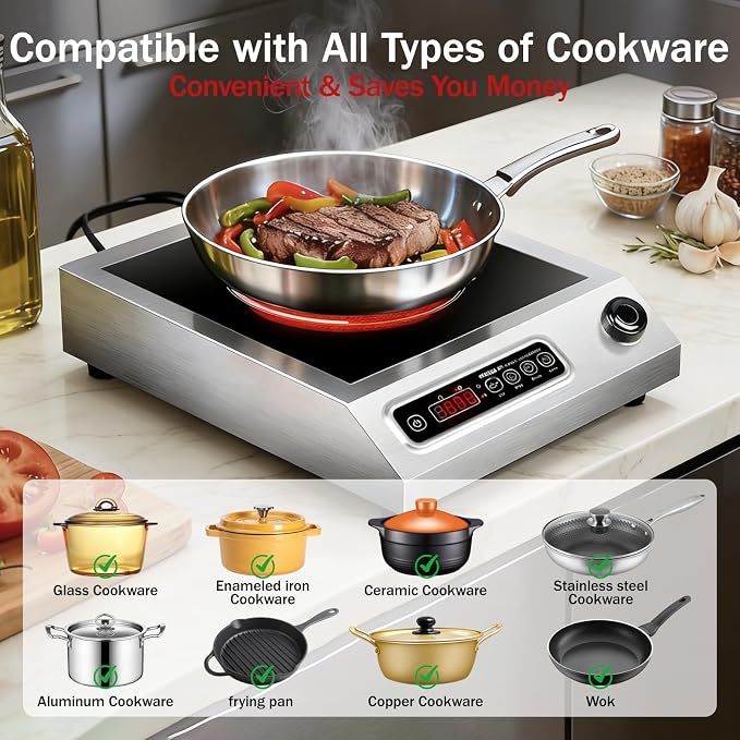 1800W Hot Plate Electric, 9 Power Levels Commercial-Grade Induction Cooktop, Portable Infrared Burner with Timer and Child Safety Lock, for Apartment, Dorm, RV and Restaurant