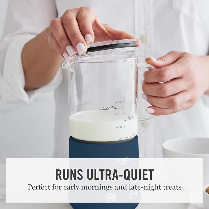 Martha Stewart Milk Frother and Steamer, 10oz/300ml Glass Cup, 4 Presets (Cold Foam, Light, Dense & Hot Chocolate), Ready in 90 Seconds, Cordless Pouring, One-Touch for Hot and Cold Milk, Indigo Blue