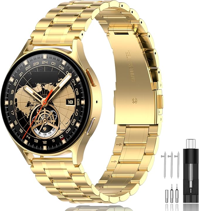 SUPLINK Compatible with Samsung Galaxy Watch 5 4 7 6 40mm 44mm Band/Galaxy Watch 6 4 Classic 43mm 47mm 46mm 42mm Band/Active 2 40mm 44mm/Watch 3 41mm,20mm Metal Replacement Strap for Men (Gold)