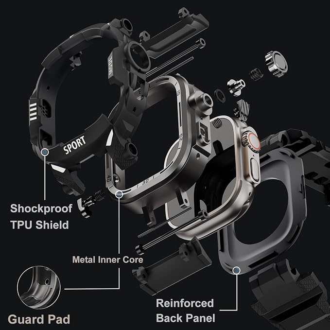 DABAOZA Rugged Case with Band Screen Protector Compatible with Apple Watch 49mm, for iWatch Ultra 3/2/1,Military Grade Shockproof Bumper and Men's Tactical Heavy Duty Strap(Black/Black,49MM)