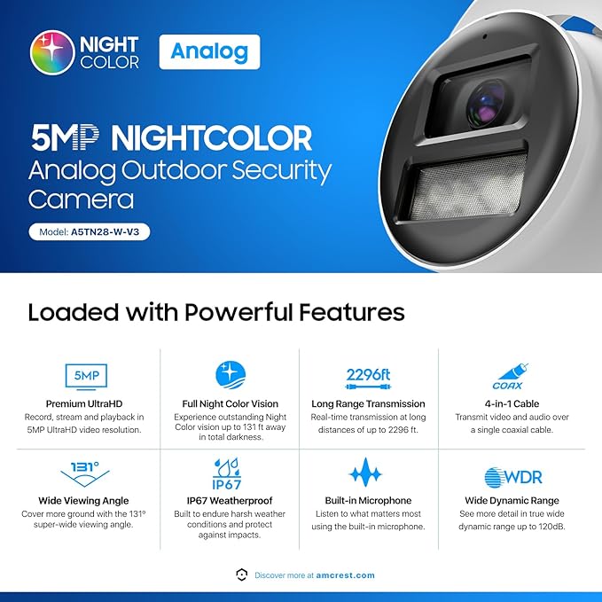 Amcrest Analog 5MP NightColor Outdoor Security Camera, Turret 5MP @ 25fps, CCTV-Coax-BNC, 131ft Full Color Night Vision, Mic, 132° FOV (Not an IP Camera) (DVR Required, Not Included) (AT5N28-W-V3)