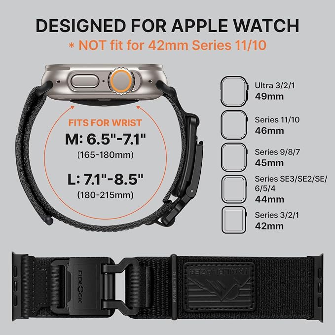 Bandletic Compatible with Apple Watch Ultra Band for Men, Breathable Nylon Sport Loop Strap with Magnetic Fidlock Hook Buckle for iWatch Ultra 3/2/1 49mm, Series 11/10 46mm, 9/8/7 45mm, SE/6/5/4 44mm