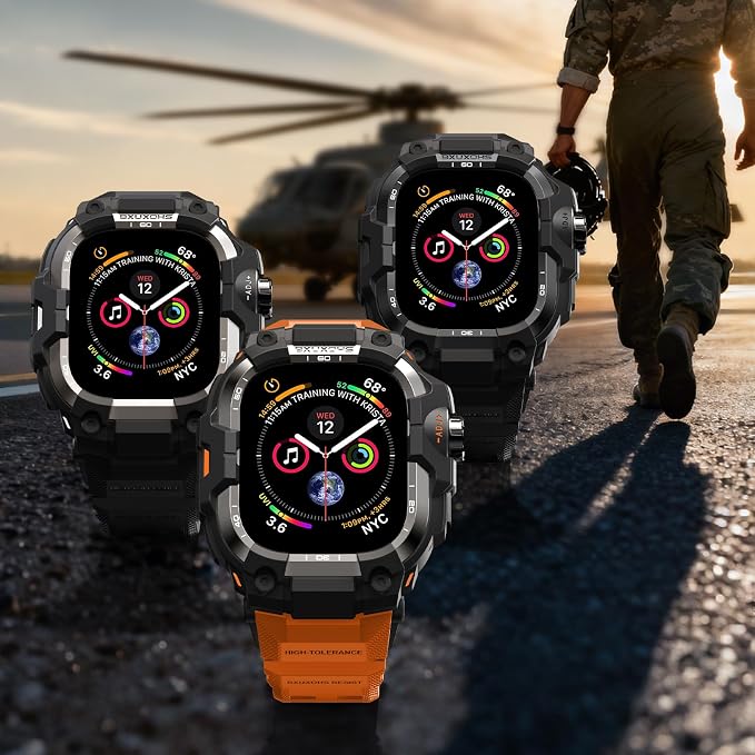 BXUXOHS Rugged Case and Band for Apple Watch 45mm Men, Compatible with Apple Watch Series 9/8/7, Military Grade Shockproof Bumper Cover, Tactical Band Case for iWatch 9/8/7 Man, Orange