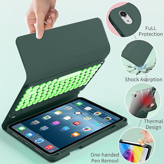 Case for iPad Air 11-inch M4/M3/M2 (2026/2025/2024), with Pencil Holder for iPad Air 7th 6th 11"/Air 5th 4th Gen 10.9 inch Case with Backlit Detachable Bluetooth Keyboard, Dark Green
