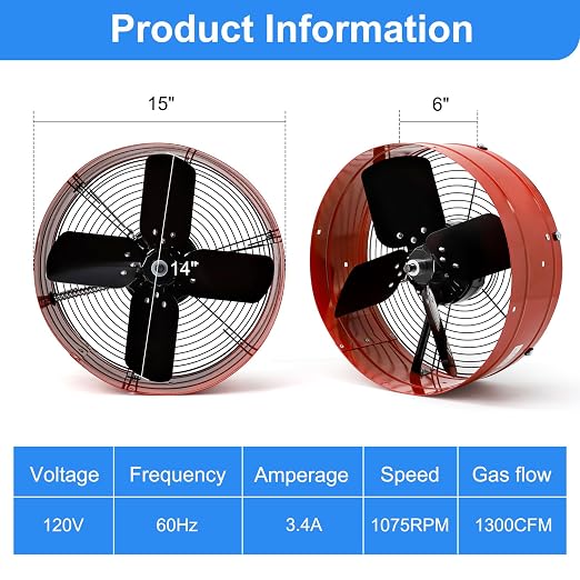 Vent Attic Fan with Adjustable Thermostat, 15" Gable Mount Ventilation Exhaust Fan 1300 CFM, 1075 RPM, 1850 SQ. FT. Attic Ventilator Red for Gable, Shed, Home