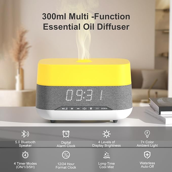 300ml Essential Oil Diffuser with Bluetooth Speaker & Alarm Clock | Auto Shut-Off, Colorful Night Light, Timer for Bedroom, Office, Yoga（White）