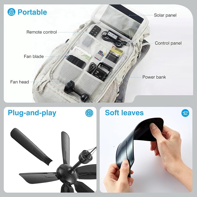 Portable Ceiling Fan, USB Plug-In, 5V DC Powered, 6 Blades, Indoor/Outdoor RV Camping Tent Canopy, Hanging, Quiet Operation (with power bank)
