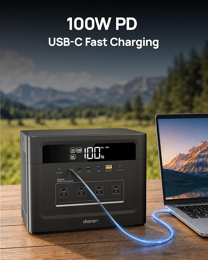 DaranEner 2026 Portable Power Station 960Wh LiFePO4 Battery, 1000W AC/USB-C PD 100W Output, 1 Hr Fast Charge, Solar Generator for Home Backup, Camping, Emergency, RV, Off-Grid Living (Surge 200W)