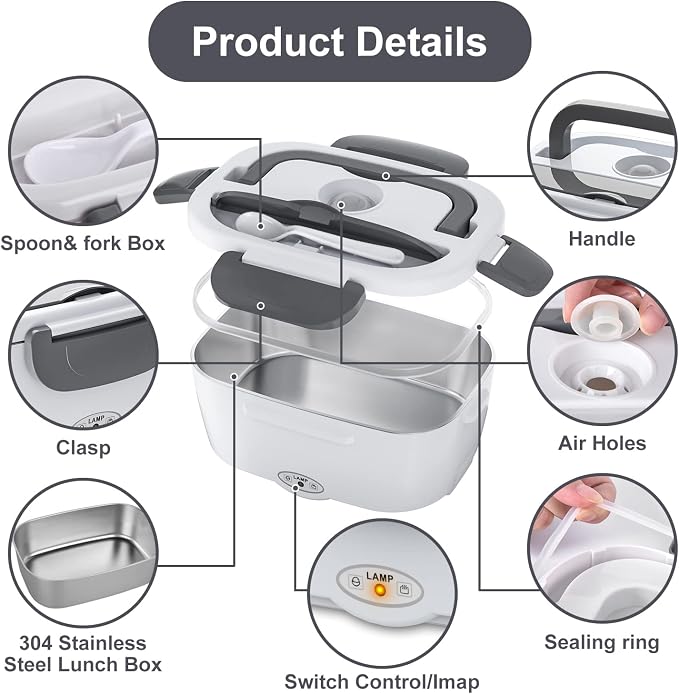 Herrfilk Electric Lunch Box Food Heater, 3 in 1 Ultra Quick Heated Lunch Boxes for Adults, 12V/24V/110V Portable Food Warmer for Car/Truck/Office With Fork Spoon and Insulated Carry Bag