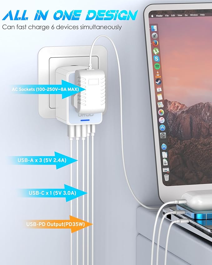 Universal Travel Adapter, 35W PD Fast Charging & 2 USB C 3 USB A & 2500W AC Outlet, International Power Adapter for Europe UK US AU 200+ Countries, Compatible with iPhone 16 15, MacBook, Laptop