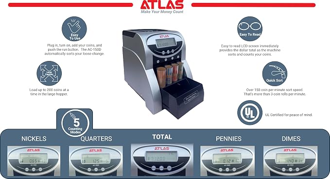 ATLAS Automatic Coin Counter and Coin Sorter with Digital Display (AC-150D) - 5 Coin Counting Modes: Total, Pennies, Nickels, Dimes, Quarters. Auto-Stop When Coin Roller is Full. | Quickly counts and sorts 3 rolls of coins per minute