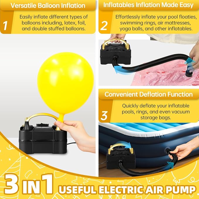 Bezente Balloon Pump Electric, Portable Balloon Inflator Pump Electric Air Pump for Balloons Dual Nozzle Electric Balloon Pump for Birthday Wedding Graduation Party Decorations
