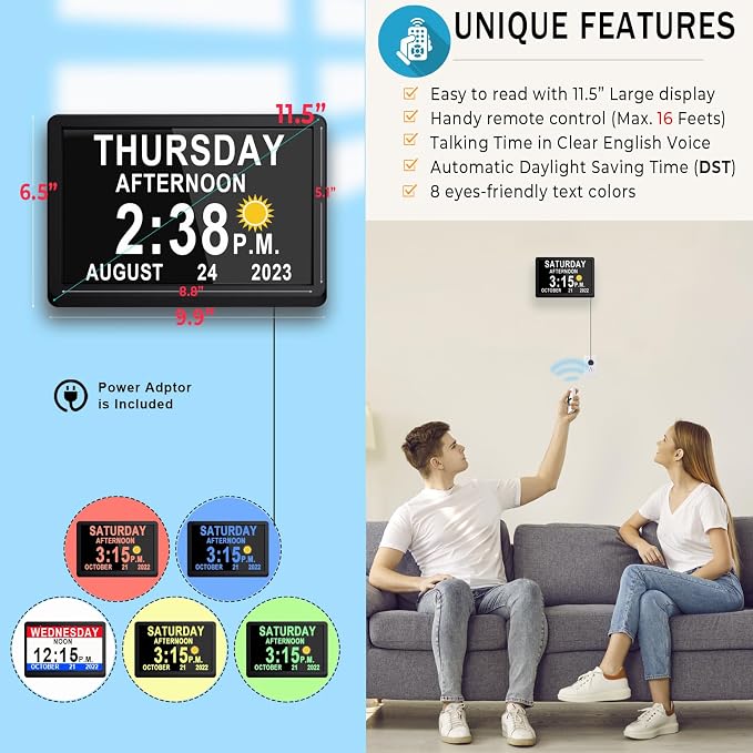 11.5 Inch Extra Large Digital Clock with 27 Alarms, Loud Talking Time, 20 Custom Reminders, Auto DST, 10-Level Auto Dimmer, Day Date Calendar Clock for Seniors Dementia Alzheimers', with Remote