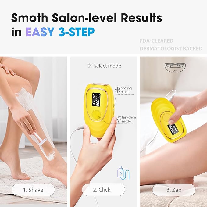 IPL Laser Hair Removal Device for Women & Men - Home 45°F Ice-Cooling Contact for Painless & Long-Lasting Results, 86% Hair Reduction in 3 Weeks for Full Body & Bikini Line, Yellow