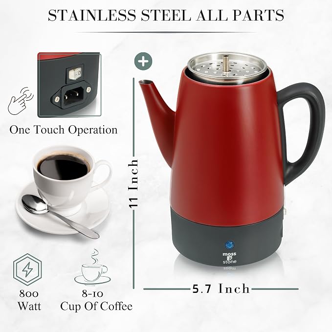Moss & Stone Electric Coffee Percolator, Red Body with Stainless Steel Lid Coffee Maker, Percolator Electric Pot, Red Camping Coffee Pot 10 Cups Bundle With Set of 3 Double Wall Glass Cup Clear Mug, D