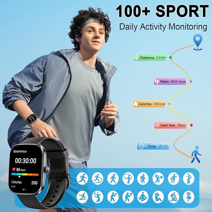 Smart Watch(Answer/Make Call), 1.91" TFT HD Smartwatch for Men Women with 30 Days Standby, 24/7 Sleep Monitor & Heart Rate/Pedometer/IP68 Waterproof/110+ Sport Modes, Fitness Activity for Android iOS