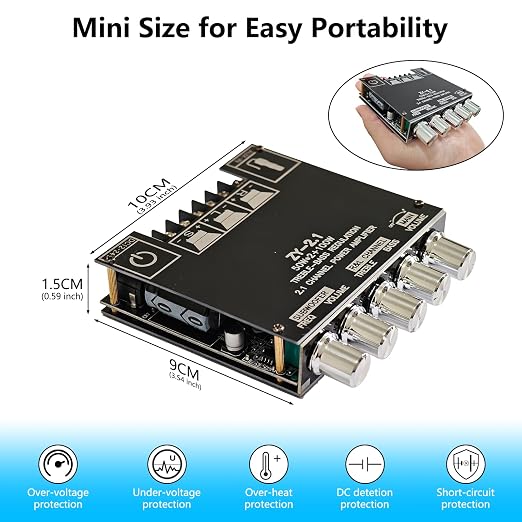 Bluetooth 5.1 Audio Amplifier Board,200W HiFi 2.1 Channel Mini Subwoofer Power Amp Module with Treble & Bass Control with AUX Input,Audio Amp Board for Home DIY Wireles Speaker(with Power Cord)