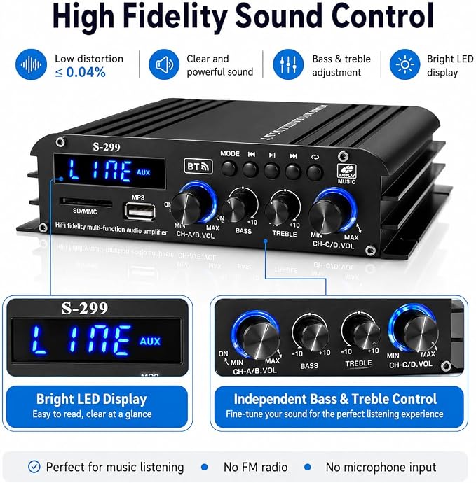 Romicta 4.1 Channel Home Audio Amplifier Receiver, Bluetooth 5.0 Mini Amp with Subwoofer Output, RMS 4x50W MAX 800W for Home Theater/Car- USB/SD/AUX Input, for Passive Speakers and Active subwoofer