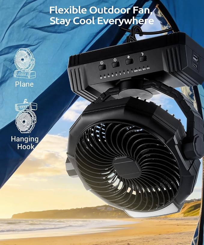 KopBeau Portable Camping Fan with Lights, 20000mAh Rechargeable Battery Operated Fan, Battery Powered Outdoor Beach Tent with 4 Speeds & Hook, Personal USB Table for Camping Accessories