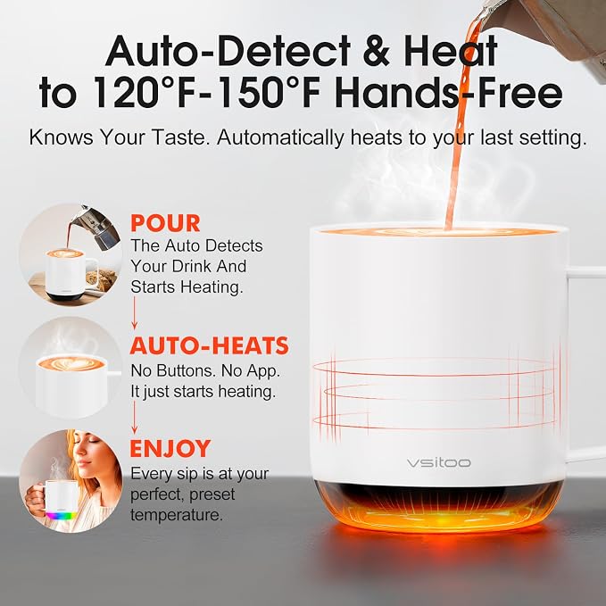Vsitoo S6 Plus 12oz Smart Self Heating Coffee Mug, AI Auto-Sensing Heated Espresso Mug Temp Control 120-150℉, Rechargeable Mug Warmer with Music LED, IPX7 Gift for Women Men- White