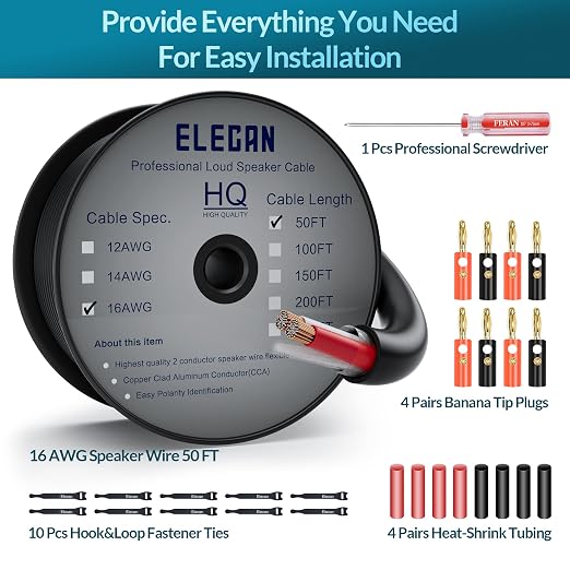 Elecan Pro Series 16/2 Outdoor Speaker Wire Cable 50 Ft 16 Gauge AWG with Tool Kits-Direct Burial in Wall CL3 CL2 Rated-PVC Jacket&Film&Cotton for Home Theater,Car Audio Speaker,Stereos-Black