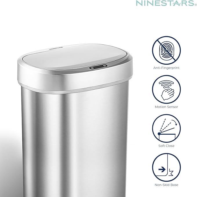 Ninestars DZT-50-49 Automatic Touchless Motion Sensor Oval Trash Can with Black Top, 13 gallon/50 L, Stainless Steel