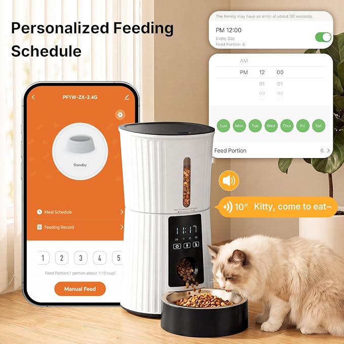 NEWBULIG 4L Automatic Cat Feeder with APP Control, 2.4G WiFi Timed Pet Feeders for Dry Food, 10 Meals/Day, 50 Portions/Meal, Dog Food Dispenser with 10s Voice Recorder, Dual Power Supply, White