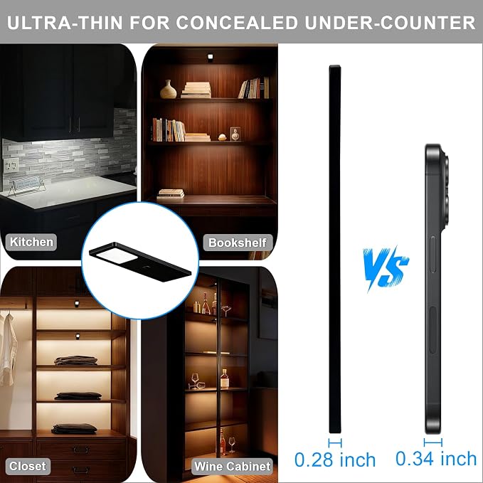 Under Cabinet Lights, 15W Plug in Linkable LED Dimmable Hardwire Under Cabinet Lighting for Counter Closet Bookshelf Shelf, 0.28 inch Ultra Thin, 3000K/4000K/5000K, 3-in-1, Black, ETL