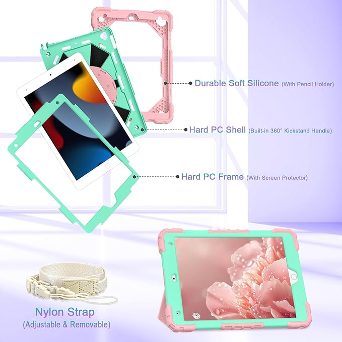 Auizotl Case for iPad 9th/8th/7th Generation 10.2 Inch iPad Case 9th Generation with Screen Protector/Rotate Stand/Pen Holder,Military Grade Shockproof i Pad 9th/8th/7th Gen Cases,Rose Mint