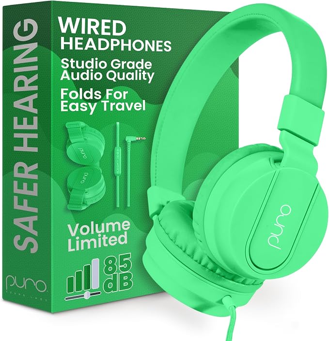Puro Sound Labs Kids Wired Headphones – Volume-Limiting & Adjustable, Safer & Comfortable Headphones for Kids – Compatible with PCs, Smartphones & Tablets, Ideal for School & Travel – PuroBasic, Green