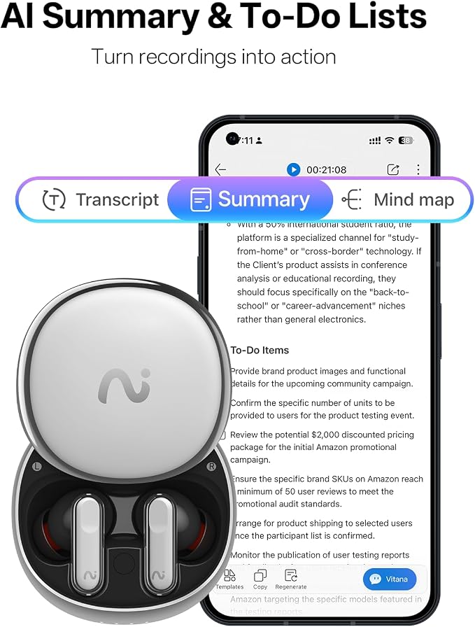 Nano+ AI Voice Recorder Earbuds: Pocket Note Taker for Meetings, Calls & Lectures. Real-time Transcription, 45dB Hybrid ANC, AI Assistant for Productivity, AES-256 Secure, Silver