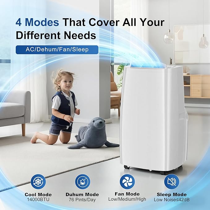 Uthfy 14,000BTU Portable Air Conditioners, 4-in-1 Function Ac Unit with Cooling, Dehumidifier,Fan and Sleep Mode, Self-evaporation, 24H Timer Auto-on/off, Cools up to 750 sq.ft, Window kits Included