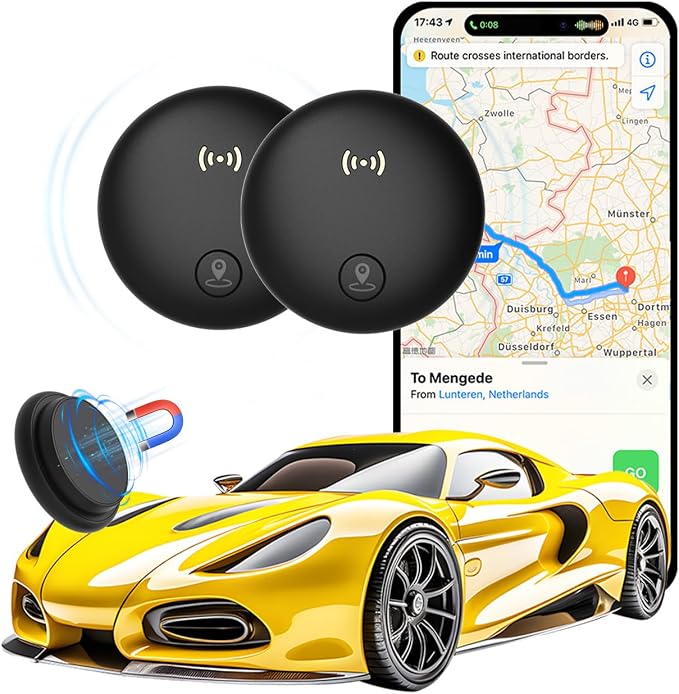 GPS Tracker for Vehicles, 2 Pack Magnetic Hidden GPS Tracker for Vehicles No Subscription Life Car Tracker Device Hidden Magnetic Waterproof for iOS Find My (iOS Only) - Black