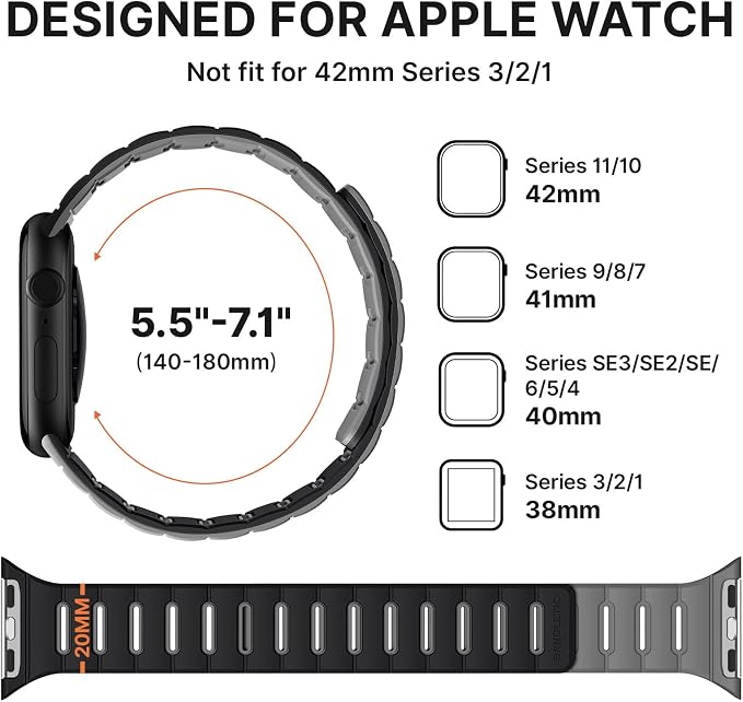 Bandletic Magnetic Sport Band Compatible with Apple Watch Bands, Double Sided Silicone Loop Strap Wristband for iWatch 42mm(Series 11/10),41mm(9/8/7),40mm(SE3/SE2/SE/6/5/4), 38mm(3/2/1), Black Gray