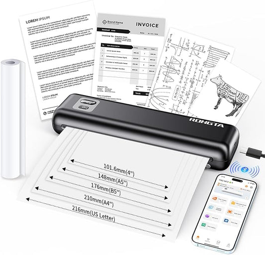 Rongta Portable Printer Wireless for Travel, Thermal Inkless Printers for 8.5"*11" US Letter, Compatible with Android iOS Smartphone, Mac Windows Laptop (Black, 1 Printer + 1 Roll Thermal Paper)